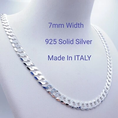 925 Italy Solid Sterling Silver Curb Chain Necklace 7mm 46cm 50cm 55cm 60cm - image 1 of 4