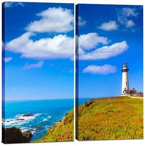 Coastal Ocean Lighthouse Canvas Wall Art Decor -12x24 2 Piece Set Total 24x24 - Picture 1 of 8
