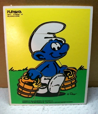 Rompecabezas bandeja marco madera Playskool vintage 1982 Los Pitufos "hechos ordeños" ~ #325-2 Foto 1 de 4