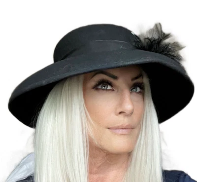 Sombrero de ala ancha vintage de fieltro negro pesado con ribete de pluma de garceta talla L Foto 1 de 4