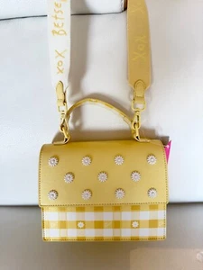 NWT Betsey Johnson XOMYLO Yellow Floral Studded Satchel crossbody bag Gingham - Picture 1 of 6