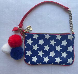 Betsey Johnson Small Purse Wristlet Patriotic Red Blue White Stars Floral Lined