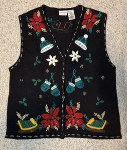 Bobbie Brooks Damen großer Weihnachtspullover hässliche Weste schwarz Weihnachtsstern Applikation - Bild 1 von 5