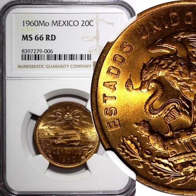 MEXICO Bronze 1960 Mo 20 Centavos NGC MS66 RD NICE FULL RED BU KM# 440 (006) - Image 1 of 4