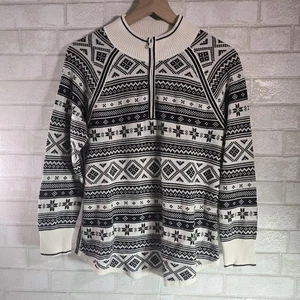 Talbots Fair Isle Pullover Petite schwarz & weiß 1/4-Reißverschluss Strick Thermowarmth Large - Bild 1 von 5