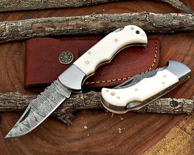 Damascus handmade Back Lock Folding Pocket knife Camping Hunting Knife Pouch - Image 1 of 4
