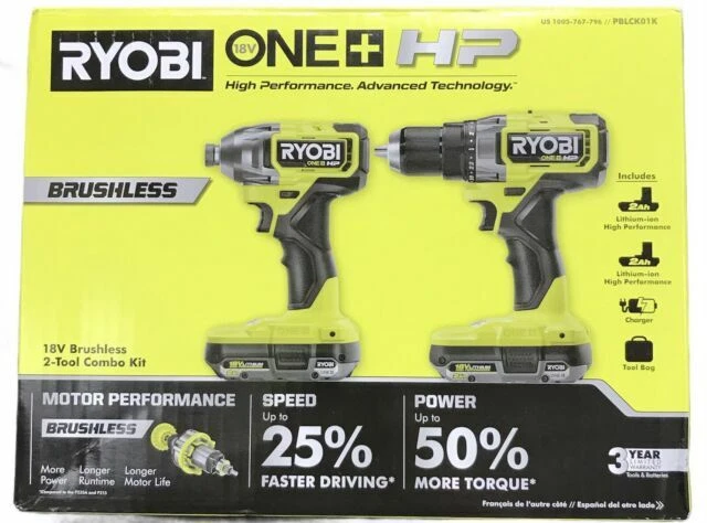 Ryobi ONE Plus HP 18V Brushless Cordless Compact 1/2" Drill and Impact Driver (Kit with 2 1.5Ah Batteries, Charger and Bag)