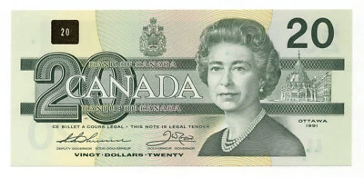 Banco de Canadá 1991 $20 Veinte Dólares E/E GEMA UNC Reina Isabel II ESCASO Foto 1 de 2
