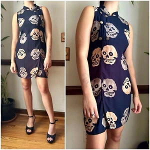 Vintage 90s Batik Skull Goth Hippie Boho Mini Sheath Dress M - Picture 1 of 10
