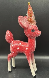 Vintage Style 1950s MCM Reindeer Figurine Bottle Brush Tree Sugared Pinkish Red - Picture 1 of 8