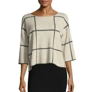 Eileen Fisher Gray Windowpane Check Wool Blend Boxy Sweater Size: XS - Picture 1 of 5