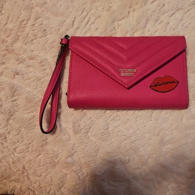 Victoria's Secret Rosa Caliente Acolchado Imitación Cuero Saffiano Cartera Muñequera Foto 1 de 4