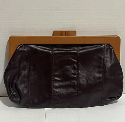 Cartera sin asas de cuero boho vintage marrón borgoña bloqueo de beso marco de cierre a presión Foto 1 de 4