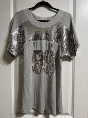 Women's Trendy Sequins Gray Silver Football Jersey Top Tunic, sz XS - Image 1 of 4