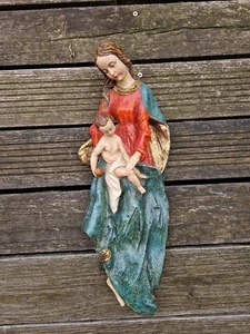 Marienfigur mit Jesuskind Holz Terracotta Wandbild unbekannter Künstler Maria - Bild 1 von 4