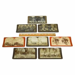 Antique STEREOSCOPE CARD Lot of 8 MIXED STEREOVIEWS Moose Hunt GOLD RUSH Maypole - Picture 1 of 12