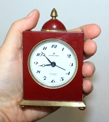 Vintage Hamilton Eight Days 7 Jewels Small Alarm Desk Clock, Red Enamel, Working - Image 1 of 4