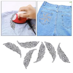 6x Leaf Rhinestone Iron on Applique Patches Heat Transfer Garment - Picture 1 of 9