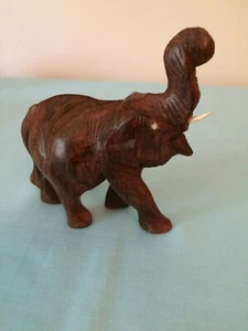 VINTAGE HAND CARVED WOODEN AFRICAN ELEPHANT ANIMAL FIGURINE-DARK BROWN-4 INCHES - Picture 1 of 8