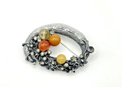 Silver-Plated Floral Orange, Yellow, Red, Green Gemstone CZ Vtg Brooch / Pin - Image 1 of 4