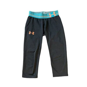 Girls Under Armour Gray Capri Athletic Leggings Turquoise Neon Orange Trim Waist - Picture 1 of 3