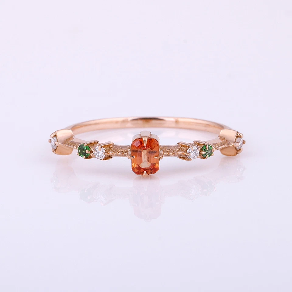 Anillo banda tsavorita y diamantes zafiro naranja natural talla esmeralda oro macizo de 14 k Foto 1 de 4