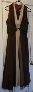 Vtg 60s 70s EMMA DOMB Dress Maxi Gown Champagne Chiffon Rhinestone Brooch Medium - Picture 1 of 7