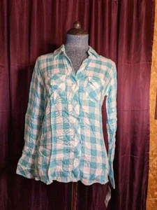 NEW Maison Jules Teal/White Checkered Rayon Shirt Blouse Women XS NWT Closet190* - Picture 1 of 4