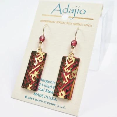 Adajio Earrings Shiny Gold Plated Geometric Design Over Red Column Handmade 7902 - Image 1 of 4