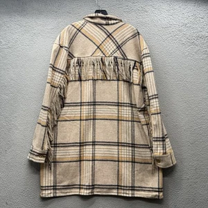 Fore Shacket Beige Plaid Fringe Button up Long Sleeve Pockets Western Women’s M - Picture 1 of 14