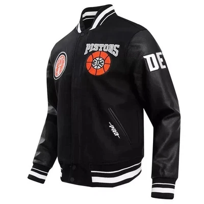 Chaqueta Universitaria 2023/24 Detroit Pistons Abrigo Estilo Bombardero Lana Negra/Cuero Real Foto 1 de 4