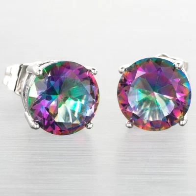 8mm Round Rainbow Mystic Topaz Silver Jewelry Stud Pierced Earrings - Image 1 of 4