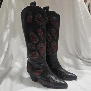 Vintage 90er skurrile Country Boho Chic Paisley Leder Cowboystiefel - Bild 1 von 7