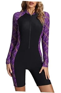 Women's Boyleg One Piece Rash Guard with Built in Large Purple Printed/Black - Picture 1 of 7