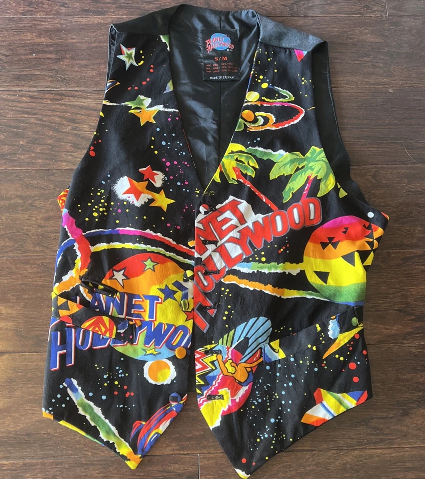 VTG Planet Hollywood Vest S/M 6 Button All Over Print Graphic Retro Uniform - Image 1 of 4
