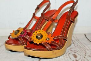 MOSCHINO CHEAP & CHIC Sandals Brown Leather Flowers Wedge Heels 38.5/US 8
