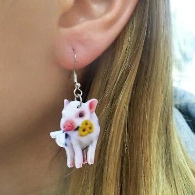 Pendientes de animales acrílicos estampados de cerdo -- colgantes, estilo gancho Foto 1 de 4