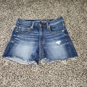 american eagle hi rise shortie 6 Super Super Stretch Darkwash 4" Inseam 9" Rise - Picture 1 of 7