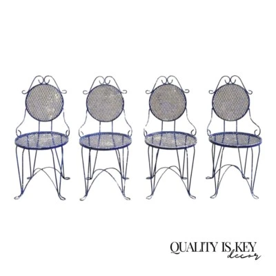 Juego de 4 sillas de comedor pequeñas de bistró de jardín de hierro forjado azul estilo victoriano Foto 1 de 4