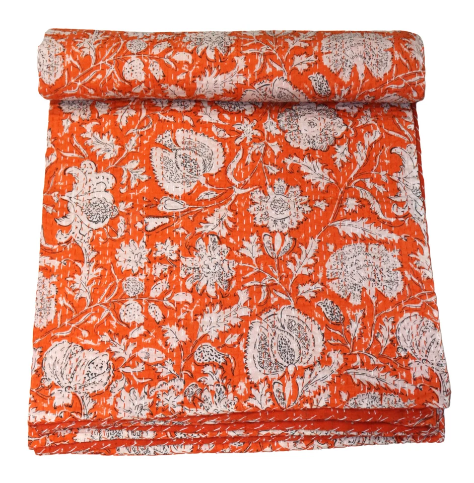 Indian Handwoven Floral Cotton Kantha Quilt , Bedspread , Throw Blanket - Image 1 of 1