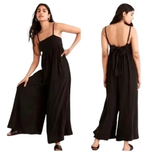 Madewell Jumpsuit Women 4 Black Tie Back Wide Leg Flowy Jumpsuit Preppy NWT - Picture 1 of 14