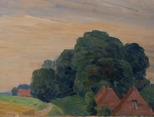 Vista pueblo casas campos paisaje monograma óleo cartón principios siglo XX - Imagen 1 de 4