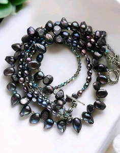 Sterling Silver 925 Peacock Black Baroque Freshwater Pearls 19" Layered Necklace - Picture 1 of 20
