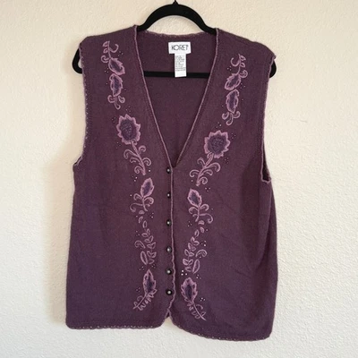 Vintage Feminino Médio Roxo Bordado Colete de Malha Suéter Camada Casa Indie - Imagem 1 de 4