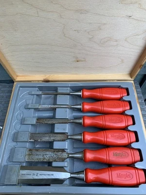 Marples Chisels Vintage Boxed Set of 6 Chisels Hand Forged Sheffield England Red - Image 1 of 4