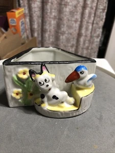 Vintage Ceramic Dog & Duck Planter Japan 4" W=3 1/2" deep=2 1/8" Tall - Picture 1 of 3