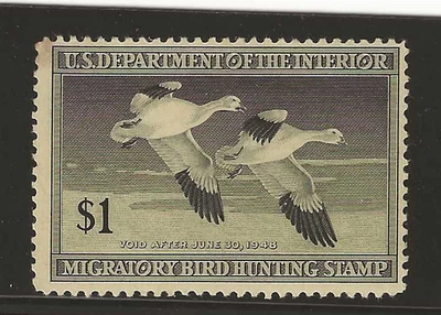 US Scott #RW14 mint hinged 1947, $1 Snow Geese Duck Stamp og stain top left - Image 1 of 2