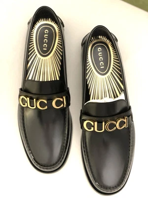 MOCASINES GUCCI MOCASÍN NEGRO LOGOTIPO DORADO CUERO ADORNADO GUCCI TALLA 11.5G Foto 1 de 4