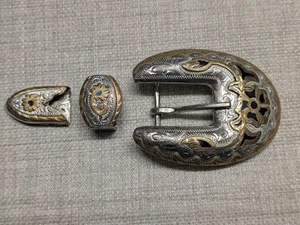 Juego de hebillas de cinturón vintage de 3 piezas ALPACA México OCCIDENTAL plata oro COWBOY ranger - Imagen 1 de 17