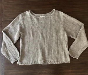 FLAX Jeanne Engelhart Linen Top Womens Small Lagenlook Long Sleeve Taupe Rustic - Picture 1 of 12